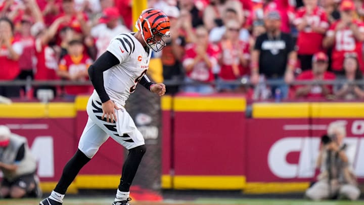 Cincinnati Bengals quarterback Joe Burrow (9) runs off the field after being sacked in the fourth quarter of the NFL Week 2 game between the Kansas City Chiefs and the Cincinnati Bengals at Arrowhead Stadium in Kansas City on Sunday, Sept. 15, 2024. The Chiefs took a 26-25 win with a go-ahead field goal as time expired.