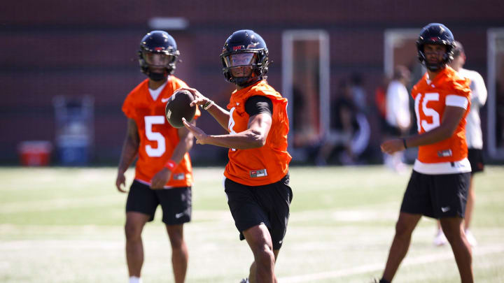 Oregon State quarterback Gevani McCoy (4) prepares for the upcoming football season during a practice on Wednesday, July 31, 2024 in Corvallis, Ore.