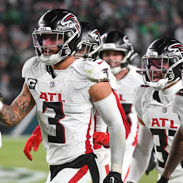 Atlanta Falcons safety Jessie Bates III (3) celebrates his interception on the Philadelphia Eagles last drive of the game.