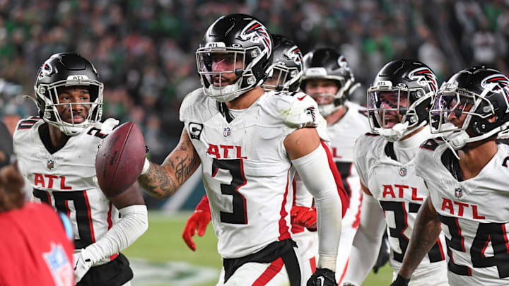 Atlanta Falcons safety Jessie Bates III (3) celebrates his interception on the Philadelphia Eagles last drive of the game.