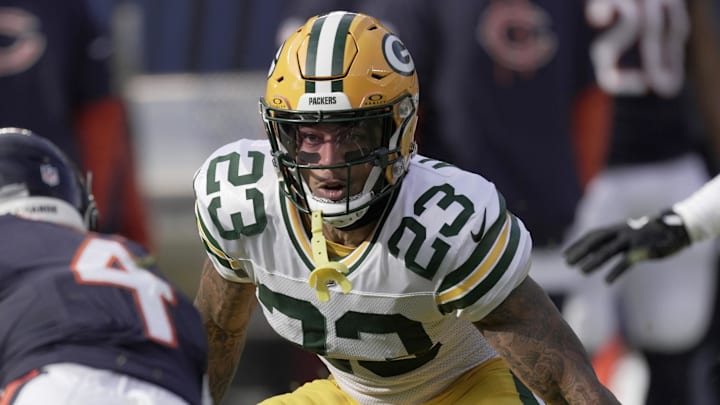 Green Bay Packers cornerback Jaire Alexander prepares to make a tackle.