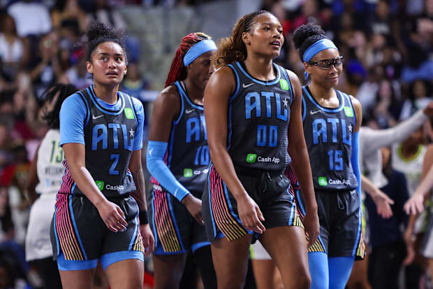 Atlanta Dream guard Te-Hina Paopao, guard Rhyne Howard, forward Naz Hillmon and guard Allisha Gray. 