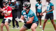 May 10, 2025; Jacksonville, FL, USA; Jacksonville Jaguars offensive lineman Wyatt Milum (64) participates in a drill during rookie minicamp at Miller Electric Center. Mandatory Credit: Travis Register-Imagn Images