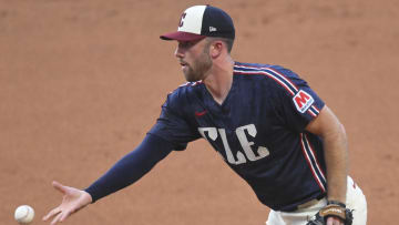 Jul 5, 2024; Cleveland, Ohio, USA; Cleveland Guardians first baseman David Fry (6) tosses the ball to first base in the third inning against the San Francisco Giants at Progressive Field. Mandatory Credit: David Richard-USA TODAY Sports