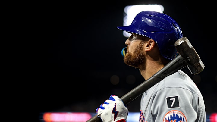 Sep 11, 2025; Philadelphia, Pennsylvania, USA; New York Mets outfielder Brandon Nimmo (9) in a game against the Philadelphia Phillies at Citizens Bank Park. Mandatory Credit: Bill Streicher-Imagn Images