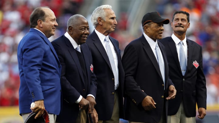 Johnny Bench, Hank Aaron, Sandy Koufax, and Willie Mays are honored prior to the 2015 MLB All Star Game at Great American Ball Park. 