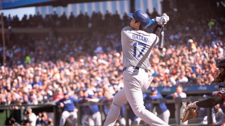 Jun 29, 2024; San Francisco, California, USA; Los Angeles Dodgers two-way player Shohei Ohtani (17) hits a home run during the third inning against the San Francisco Giants at Oracle Park.