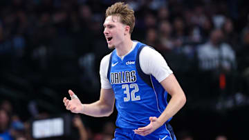 Dec 3, 2025; Dallas, Texas, USA; Dallas Mavericks forward Cooper Flagg (32) reacts against the Miami Heat  during the second half at American Airlines Center. Mandatory Credit: Kevin Jairaj-Imagn Images