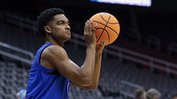 Mar 26, 2025; Newark, NJ, USA; Duke basketball guard Caleb Foster (1) during a practice session in preparation for an East Regional semifinal game against the Arizona Wildcats at Prudential Center.