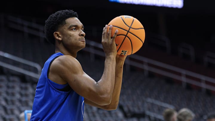 Mar 26, 2025; Newark, NJ, USA; Duke basketball guard Caleb Foster (1) during a practice session in preparation for an East Regional semifinal game against the Arizona Wildcats at Prudential Center.