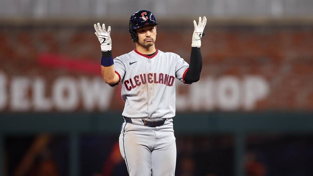 Apr 10, 2026; Atlanta, Georgia, USA; Cleveland Guardians center fielder Steven Kwan (38) celebrates after a hit against the Atlanta Braves in the fifth inning at Truist Park. Mandatory Credit: Brett Davis-Imagn Images