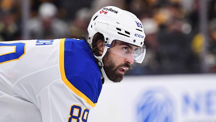 Apr 26, 2026; Boston, Massachusetts, USA; Buffalo Sabres right wing Alex Tuch (89) gets set for a face-off during the third period in game four of the first round of the 2026 Stanley Cup Playoffs against the Boston Bruins at TD Garden. Mandatory Credit: Bob DeChiara-Imagn Images