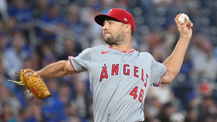 Aug 22, 2024; Toronto, Ontario, CAN;  Los Angeles Angels starting pitcher Brock Burke (46) delivers a pitch against the Toronto Blue Jays in the first inning at Rogers Centre. Mandatory Credit: Dan Hamilton-Imagn Images