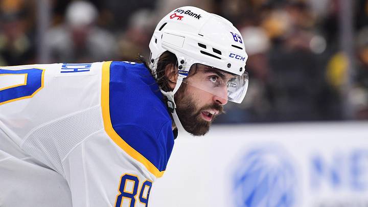 Apr 26, 2026; Boston, Massachusetts, USA; Buffalo Sabres right wing Alex Tuch (89) gets set for a face-off during the third period in game four of the first round of the 2026 Stanley Cup Playoffs against the Boston Bruins at TD Garden. 
