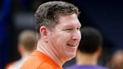 Clemson’s head coach Brad Brownell smiles during open practices
