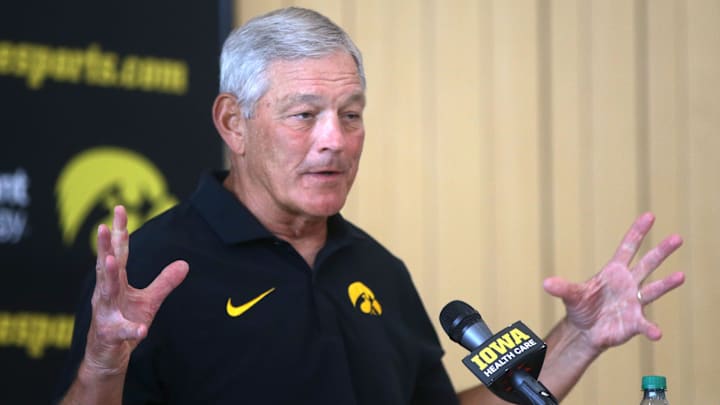 Iowa football Head Coach Kirk Ferentz answers media questions about an alleged NCAA violation Thursday, Aug. 22, 2024 in Iowa City, Iowa.