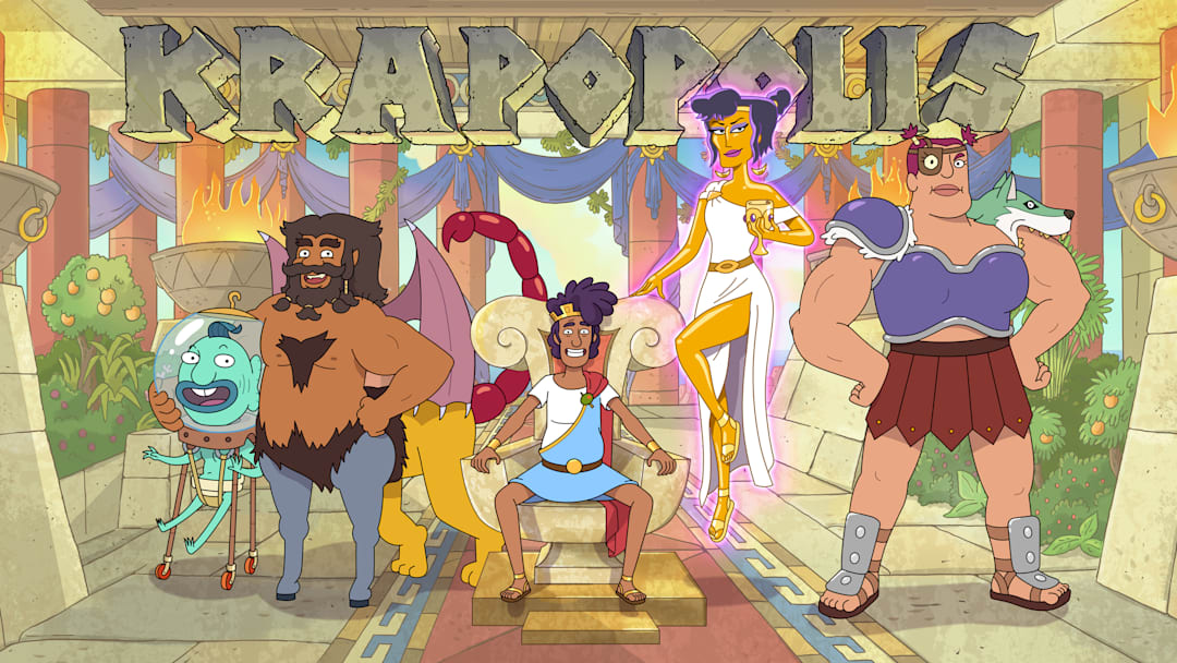 KRAPOPOLIS: A new animated comedy that centers on a flawed family of humans, gods and monsters that tries to run one of the world’s first cities without killing each other. KRAPOPOLIS is set to premiere in 2022 on FOX. L-R: Hippocampus (Duncan Trussell), Shlub (Matt Berry), Tyrannis (Richard Ayoade), Deliria (Hannah Waddingham) and Stupendous (Pam Murphy). 