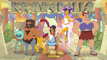 KRAPOPOLIS: A new animated comedy that centers on a flawed family of humans, gods and monsters that tries to run one of the world’s first cities without killing each other. KRAPOPOLIS is set to premiere in 2022 on FOX. L-R: Hippocampus (Duncan Trussell), Shlub (Matt Berry), Tyrannis (Richard Ayoade), Deliria (Hannah Waddingham) and Stupendous (Pam Murphy). 