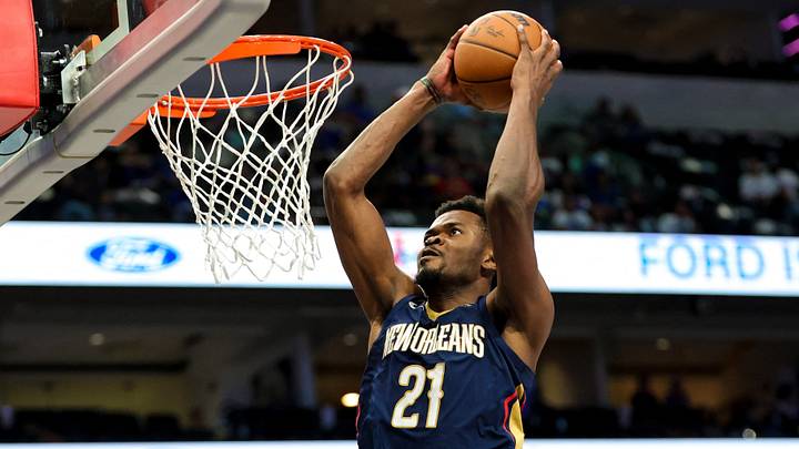 Oct 14, 2026; Dallas, Texas, USA;  New Orleans Pelicans center Yves Missi (21) dunks during the second half against the Dallas Mavericks at American Airlines Center. Mandatory Credit: Kevin Jairaj-Imagn Images