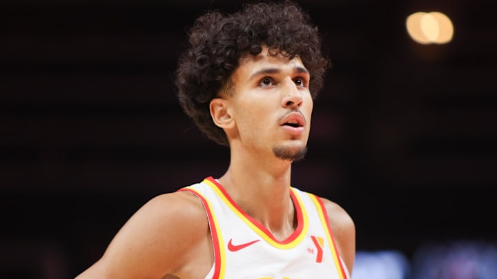 Zaccharie Risacher #10 of the Atlanta Hawks