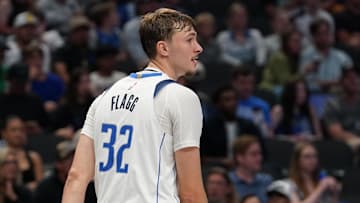 Oct 11, 2025; Dallas, Texas, USA; Dallas Mavericks forward Cooper Flagg (32) on the court in the second half of a game against the Charlotte Hornets at American Airlines Center.
