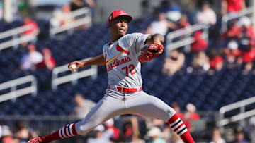 Feb 25, 2024; West Palm Beach, Florida, USA; St. Louis Cardinals relief pitcher Tink Hence (72) delivers a pitch against the Houston Astros during the seventh inning at CACTI Park of the Palm Beaches. Mandatory Credit: Sam Navarro-Imagn Images