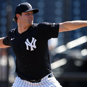 Feb 13, 2025; Tampa, FL, USA; New York Yankees starting pitcher Gerrit Cole (45) participates in spring training workouts at George M. Steinbrenner Field. Mandatory Credit: Nathan Ray Seebeck-Imagn Images