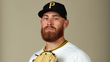 Feb 20, 2024; Bradenton, FL, USA;  Pittsburgh Pirates starting pitcher Mike Burrows (53) poses for a photo during photo day at Pirate City. Mandatory Credit: Kim Klement Neitzel-USA TODAY Sports