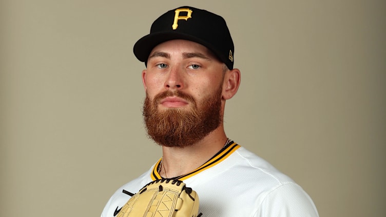 Feb 20, 2024; Bradenton, FL, USA;  Pittsburgh Pirates starting pitcher Mike Burrows (53) poses for a photo during photo day at Pirate City. Mandatory Credit: Kim Klement Neitzel-USA TODAY Sports