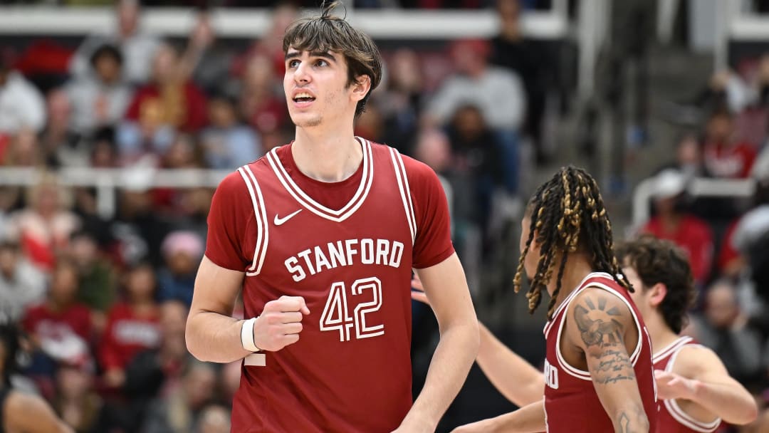 Feb 10, 2024; Stanford, California, USA; Stanford Cardinal forward Maxime Raynaud (42) reacts during the second half of the game between the Stanford Cardinal and the USC Trojans at Maples Pavilion. Mandatory Credit: Robert Edwards-USA TODAY Sports