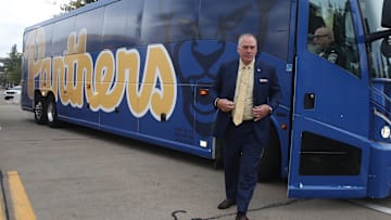 Sep 27, 2025; Pittsburgh, Pennsylvania, USA;  Pittsburgh Panthers head coach Pat Narduzzi exits the team bus as he arrives at the stadium to coach the Panthers against the Louisville Cardinals at Acrisure Stadium. Mandatory Credit: Charles LeClaire-Imagn Images