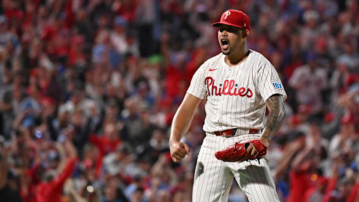 Sep 8, 2025; Philadelphia, Pennsylvania, USA; Philadelphia Phillies pitcher Jhoan Duran (59) celebrates after getting the final out against the New York Mets during the ninth inning at Citizens Bank Park. Mandatory Credit: Eric Hartline-Imagn Images