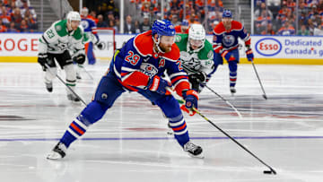 May 27, 2025; Edmonton, Alberta, CAN; Edmonton Oilers center Leon Draisaitl (29) skates against the Dallas Stars during the third period in game four of the Western Conference Final of the 2025 Stanley Cup Playoffs at Rogers Place. Mandatory Credit: Perry Nelson-Imagn Images