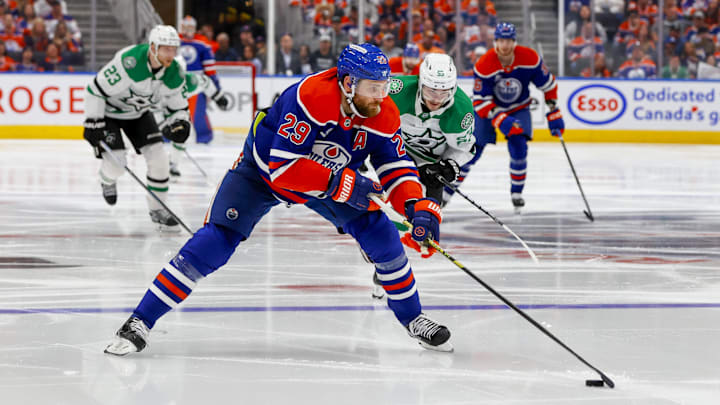 May 27, 2025; Edmonton, Alberta, CAN; Edmonton Oilers center Leon Draisaitl (29) skates against the Dallas Stars during the third period in game four of the Western Conference Final of the 2025 Stanley Cup Playoffs at Rogers Place. Mandatory Credit: Perry Nelson-Imagn Images May 27, 2025; Edmonton, Alberta, CAN; Edmonton Oilers center Leon Draisaitl (29) skates against the Dallas Stars during the third period in game four of the Western Conference Final of the 2025 Stanley Cup Playoffs at Rogers Place. Mandatory Credit: Perry Nelson-Imagn Images