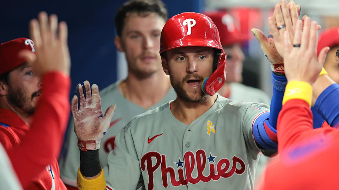 Philadelphia Phillies shortstop Trea Turner (7) celebrates after hitting a home run against the Miami Marlins during the sixth inning at loanDepot Park. 