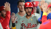Philadelphia Phillies shortstop Trea Turner (7) celebrates after hitting a home run against the Miami Marlins during the sixth inning at loanDepot Park. 