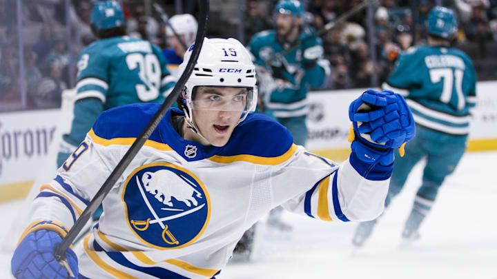 Nov 23, 2024; San Jose, California, USA; Buffalo Sabres center Peyton Krebs (19) reacts after he scored against the San Jose Sharks during the first period at SAP Center in San Jose. Mandatory Credit: John Hefti-Imagn Images