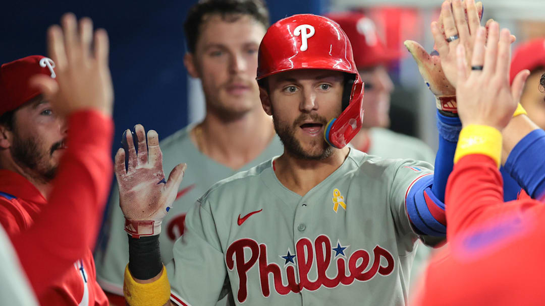 Sep 7, 2025; Miami, Florida, USA; Philadelphia Phillies shortstop Trea Turner (7) celebrates after hitting a home run against the Miami Marlins during the sixth inning at loanDepot Park. Mandatory Credit: Sam Navarro-Imagn Images