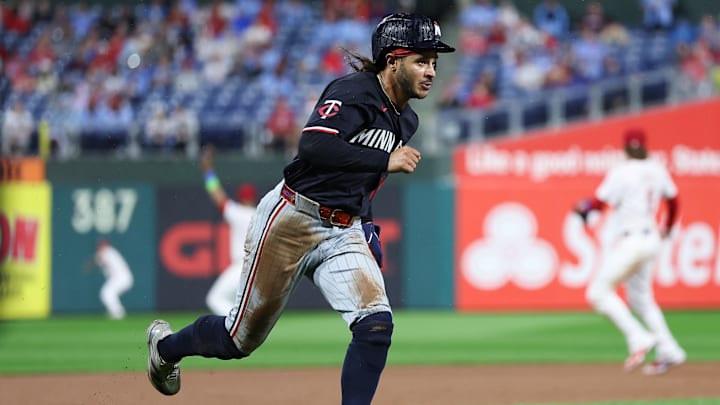 Minnesota Twins outfielder Austin Martin (16) runs the bases on his way to scoring against the Philadelphia Phillies during the seventh inning at Citizens Bank Park. Mandatory Credit: Bill Streicher-Imagn Images