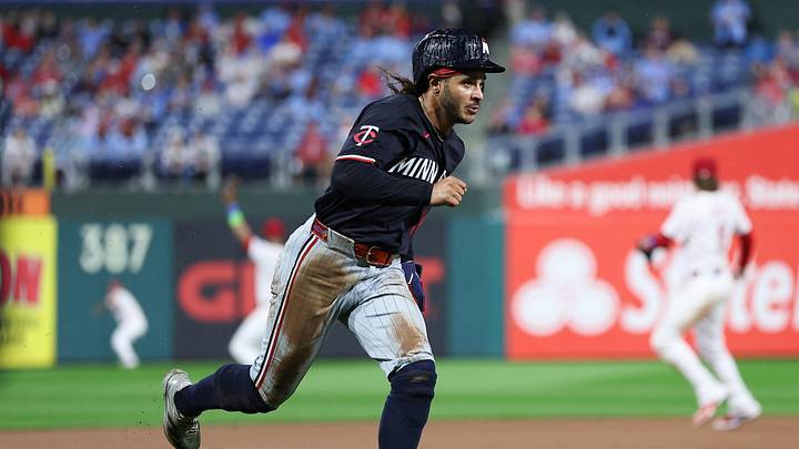 Sep 27, 2025; Philadelphia, Pennsylvania, USA; Minnesota Twins outfielder Austin Martin (16) runs the bases on his way to scoring against the Philadelphia Phillies during the seventh inning at Citizens Bank Park. Mandatory Credit: Bill Streicher-Imagn Images