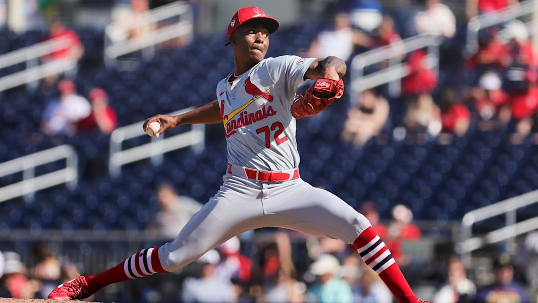 Feb 25, 2024; West Palm Beach, Florida, USA; St. Louis Cardinals relief pitcher Tink Hence (72) delivers a pitch against the Houston Astros during the seventh inning at CACTI Park of the Palm Beaches. Mandatory Credit: Sam Navarro-Imagn Images Feb 25, 2024; West Palm Beach, Florida, USA; St. Louis Cardinals relief pitcher Tink Hence (72) delivers a pitch against the Houston Astros during the seventh inning at CACTI Park of the Palm Beaches. Mandatory Credit: Sam Navarro-Imagn Images