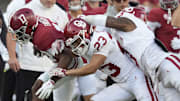Oklahoma Sooners defensive back Eli Bowen (23) drives Alabama Crimson Tide wide receiver Lotzeir Brooks (17) out of bounds at Saban Field at Bryant-Denny Stadium. 