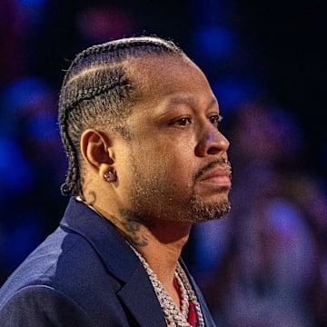 February 20, 2022; Cleveland, Ohio, USA; NBA great Allen Iverson is honored for being selected to the NBA 75th Anniversary Team during halftime in the 2022 NBA All-Star Game at Rocket Mortgage FieldHouse. Mandatory Credit: Kyle Terada-Imagn Images
