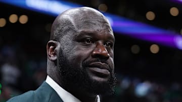 Shaquille O'Neal looks on before the game between the Boston Celtics and the Dallas Mavericks in game one of the 2024 NBA Finals at TD Garden.