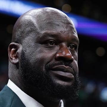 Shaquille O'Neal looks on before the game between the Boston Celtics and the Dallas Mavericks in game one of the 2024 NBA Finals at TD Garden.