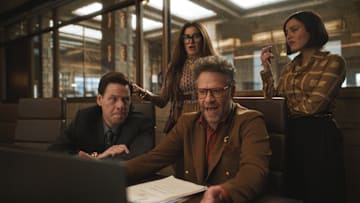 Episode 1. Ike Barinholtz, Kathryn Hahn, Chase Sui Wonders and Seth Rogen in "The Studio," premiering March 26, 2025 on Apple TV+