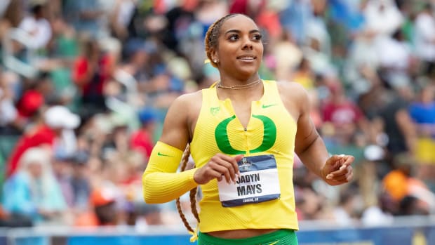 Oregon’s Jadyn Mays finishes third in the women’s 200 meters on day four of the NCAA Outdoor Track & Field Championships Saturday, June 8, 2024, at Hayward Field in Eugene, Ore.