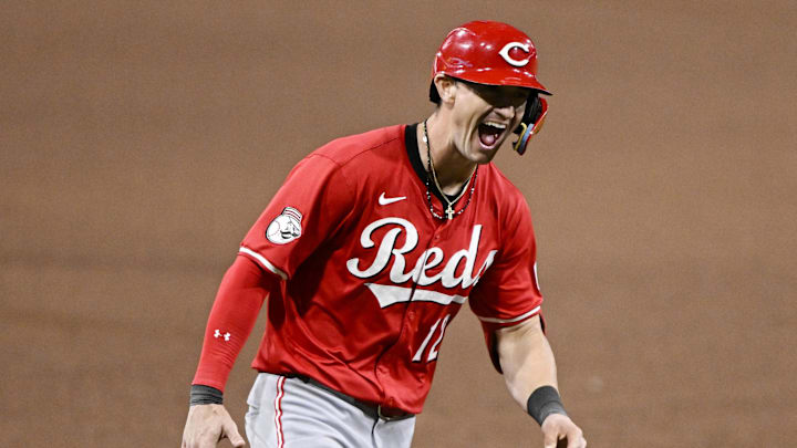 Sep 8, 2025; San Diego, California, USA; Cincinnati Reds left fielder Austin Hays (12) celebrates after hitting a solo home run during the sixth inning against the San Diego Padres at Petco Park. Mandatory Credit: Denis Poroy-Imagn Images