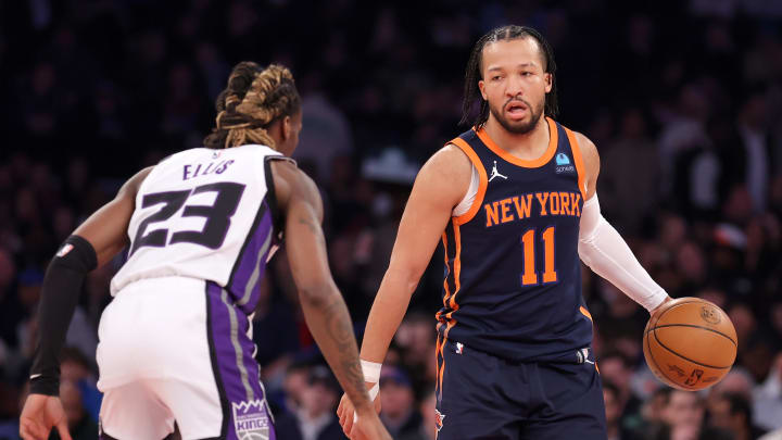 Apr 4, 2024; New York, New York, USA; New York Knicks guard Jalen Brunson (11) controls the ball against Sacramento Kings guard Keon Ellis (23) during the first quarter at Madison Square Garden. Mandatory Credit: Brad Penner-USA TODAY Sports