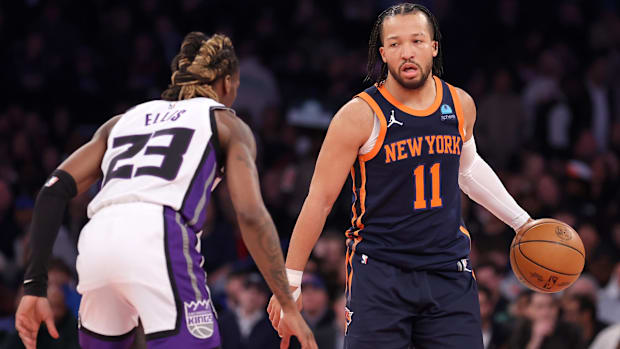 Apr 4, 2024; New York, New York, USA; New York Knicks guard Jalen Brunson (11) controls the ball
